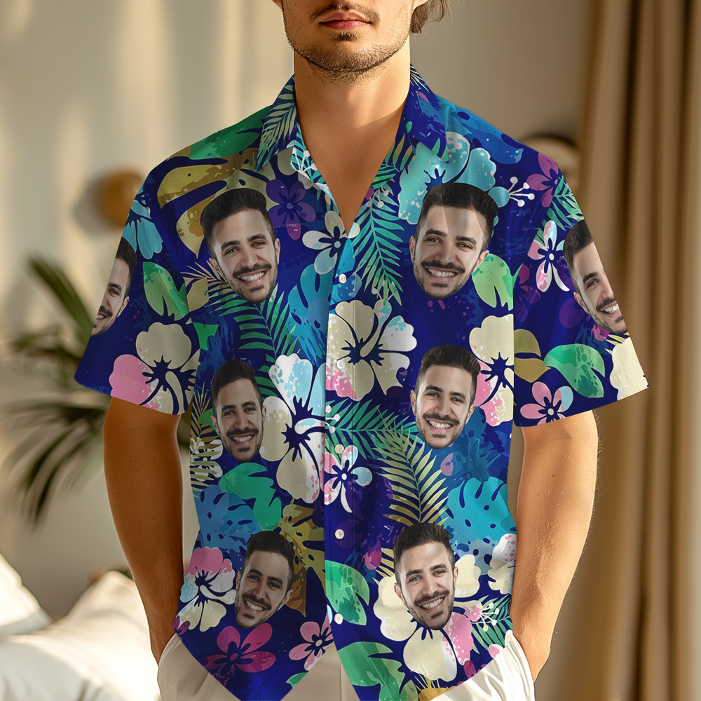 Custom Face Hawaiian Shirt Blue Tropical Leaves & Flowers Beach Shirts Party Wear - auphotoblanket