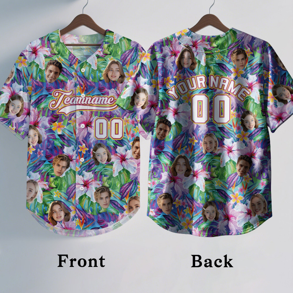 Custom Hawaiian Baseball Jersey with Face Teamname Name Number Personalized Hawaii Floral Shirt for Men Women - auphotoblanket