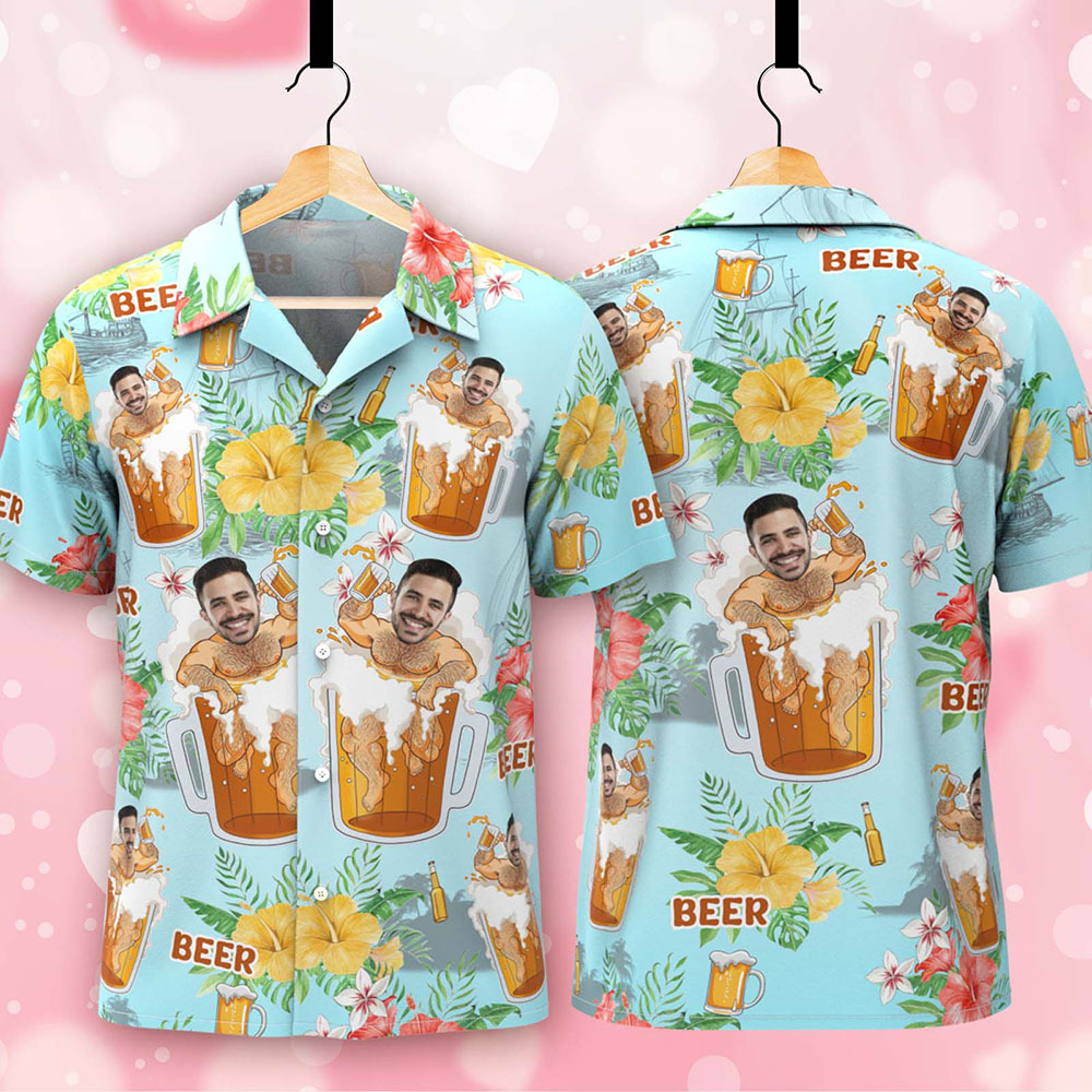 Custom Face Hawaiian Shirt Beer Print Personalized Aloha Beach Shirt Party Gift for Men - auphotoblanket