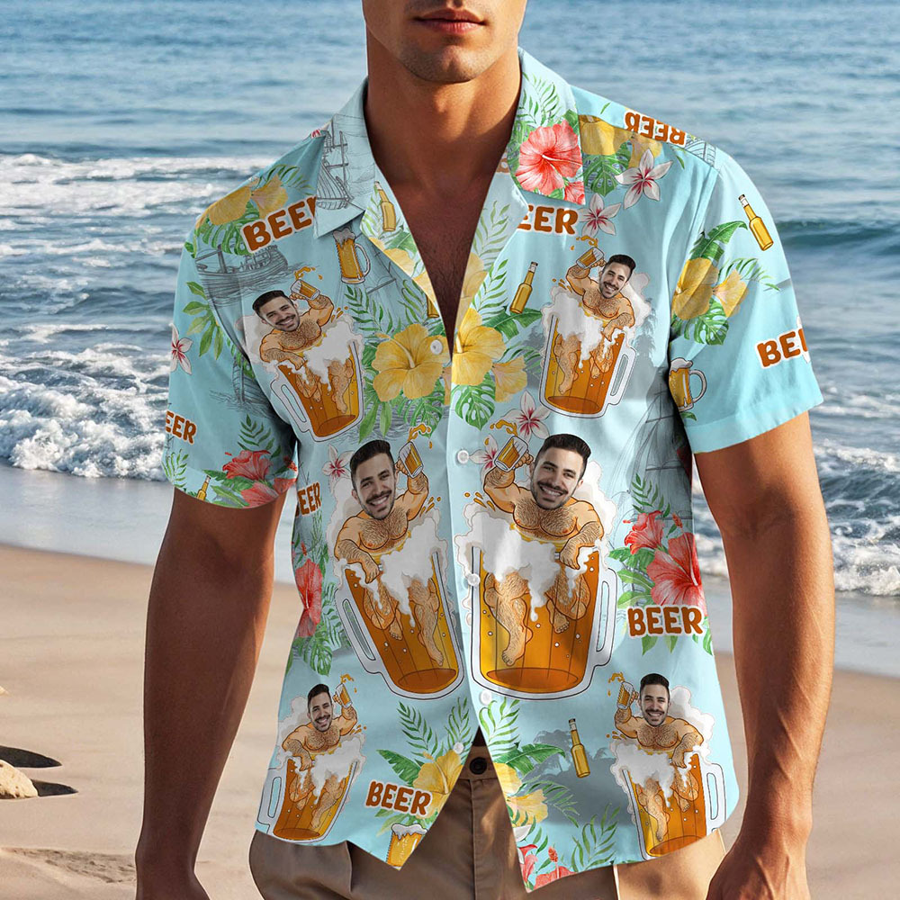 Custom Face Hawaiian Shirt Beer Print Personalized Aloha Beach Shirt Party Gift for Men - auphotoblanket