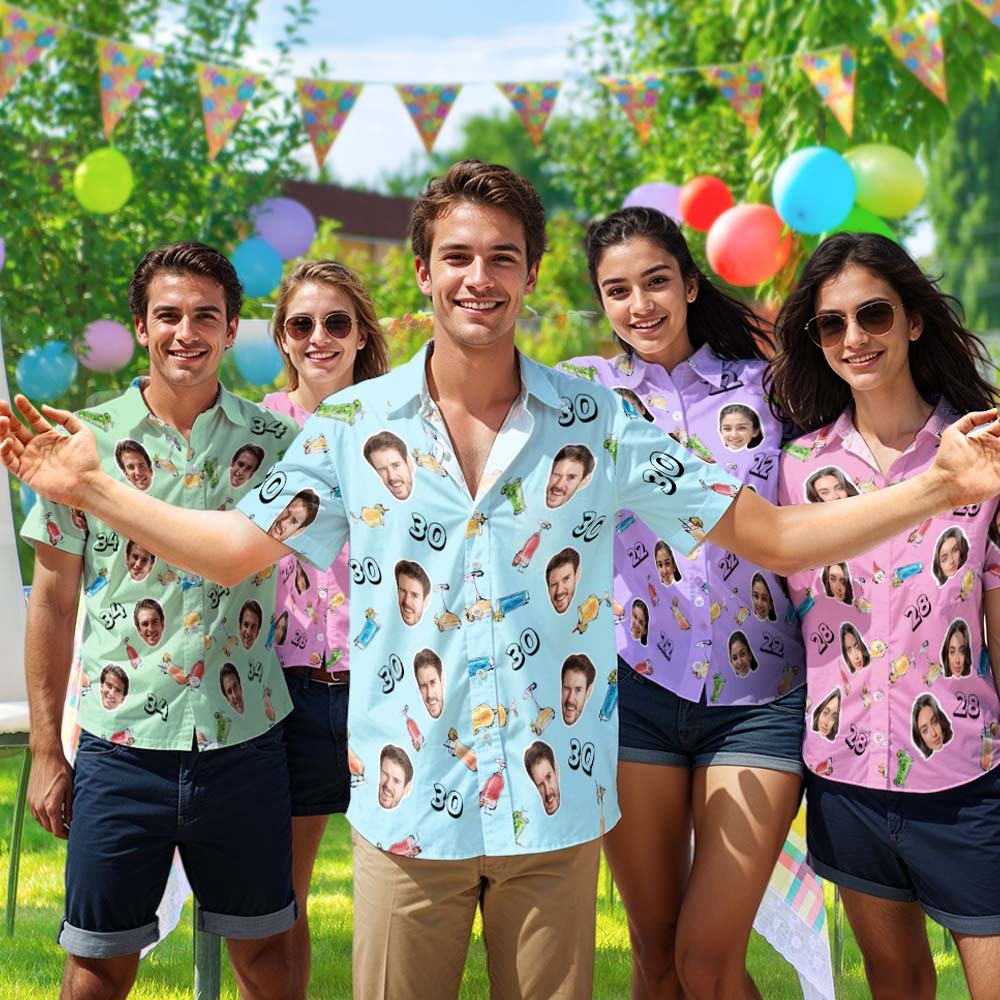 Custom Face Hawaiian Shirt Birthday Aloha Shirt Birthday Party Outfit With Age for Men & Friends - auphotoblanket