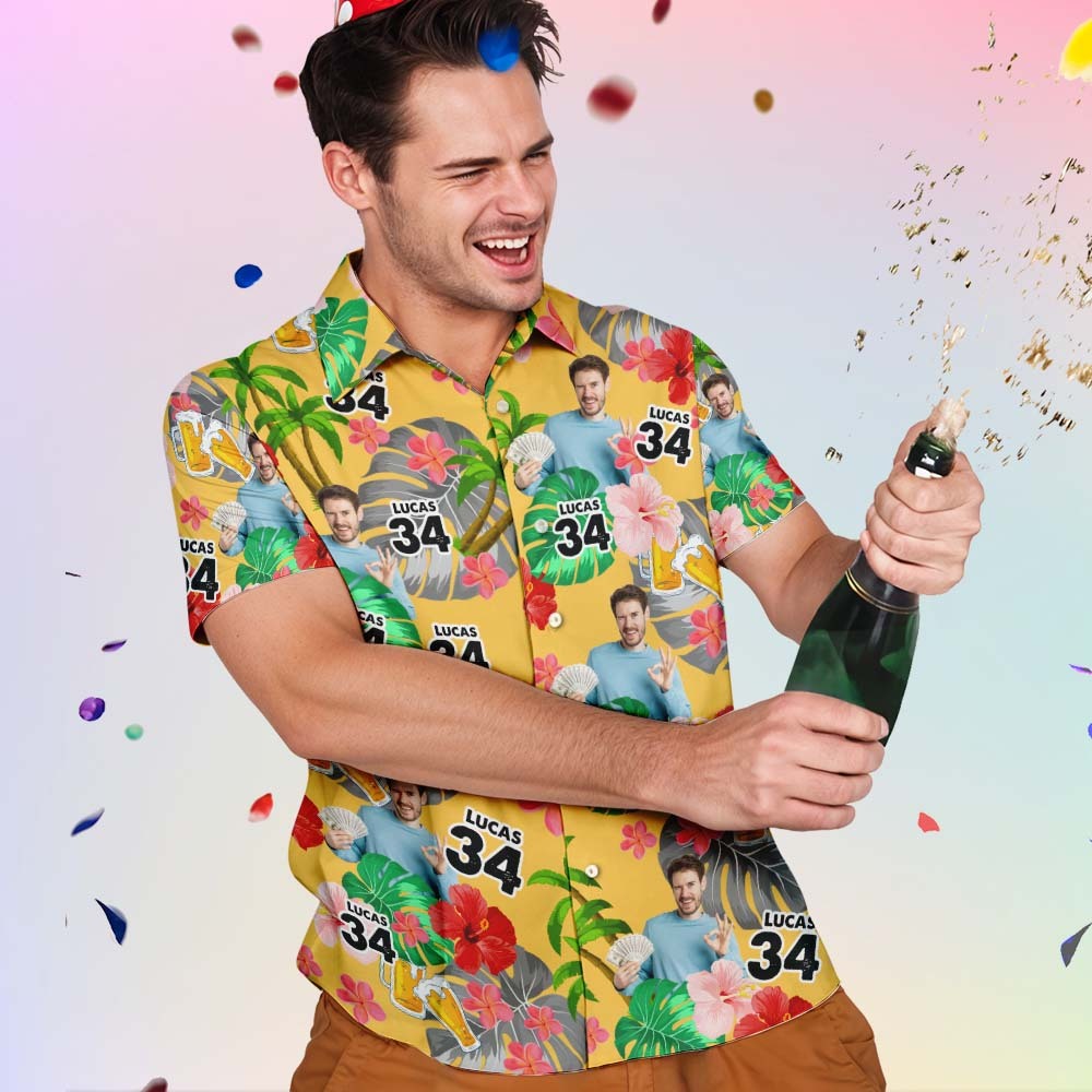 Custom Face Brithday Hawaiian Shirt Personalized Button-down Shirt with Age Print Brithday Party Gift - auphotoblanket