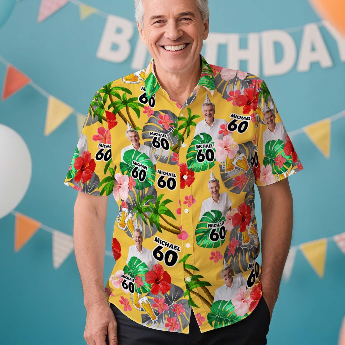 Custom Face Brithday Hawaiian Shirt Personalized Button-down Shirt with Age Print Brithday Party Gift - auphotoblanket