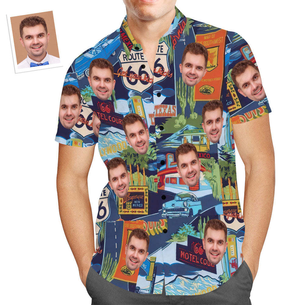 Upload Car Photo Custom Photo Hawaiian Shirt Route 66 Landmarks Aloha Beach Shirt Gift for Him - auphotoblanket
