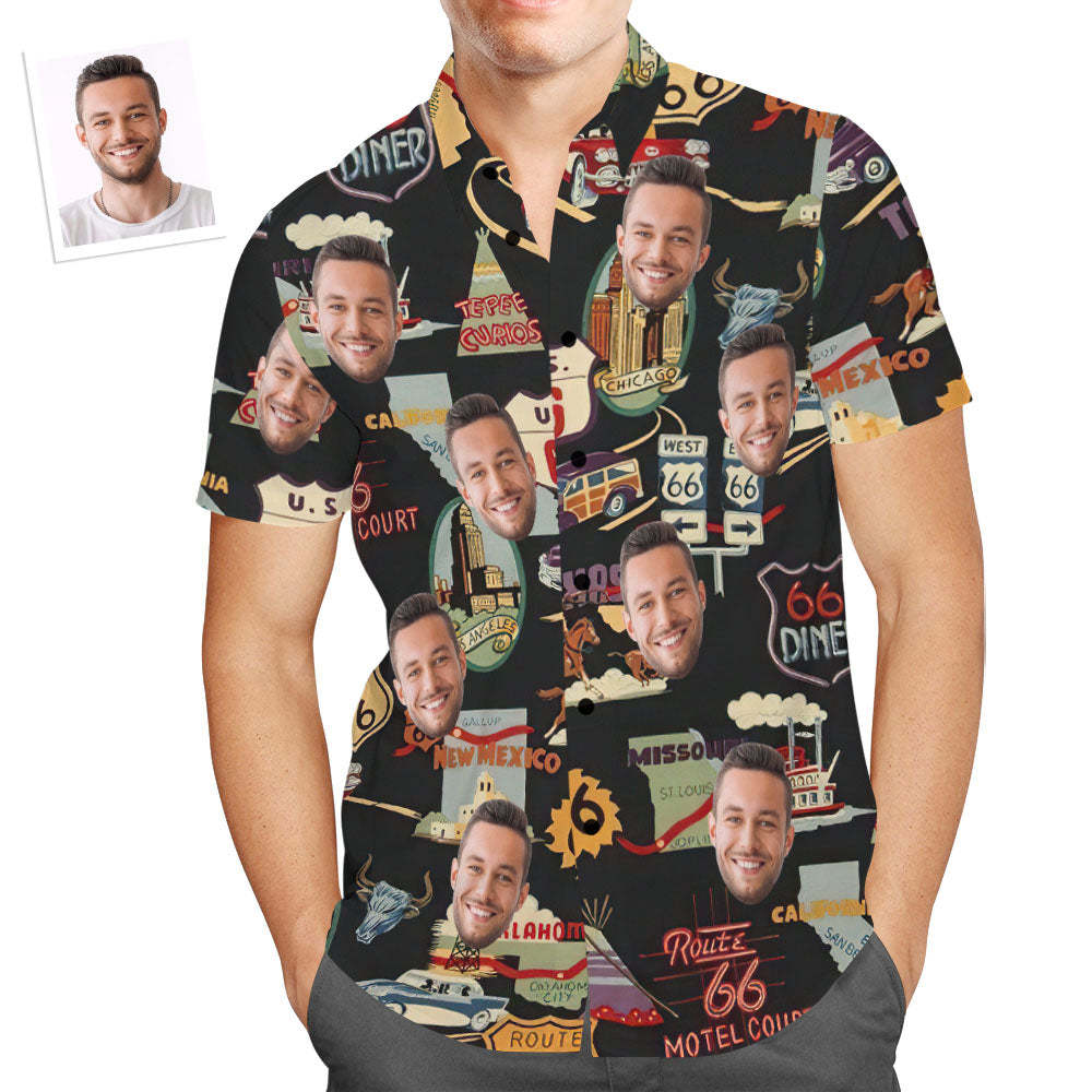 Upload Car Photo Custom Photo Hawaiian Shirt Route 66 Icons Aloha Beach Shirt Gift for Him - auphotoblanket
