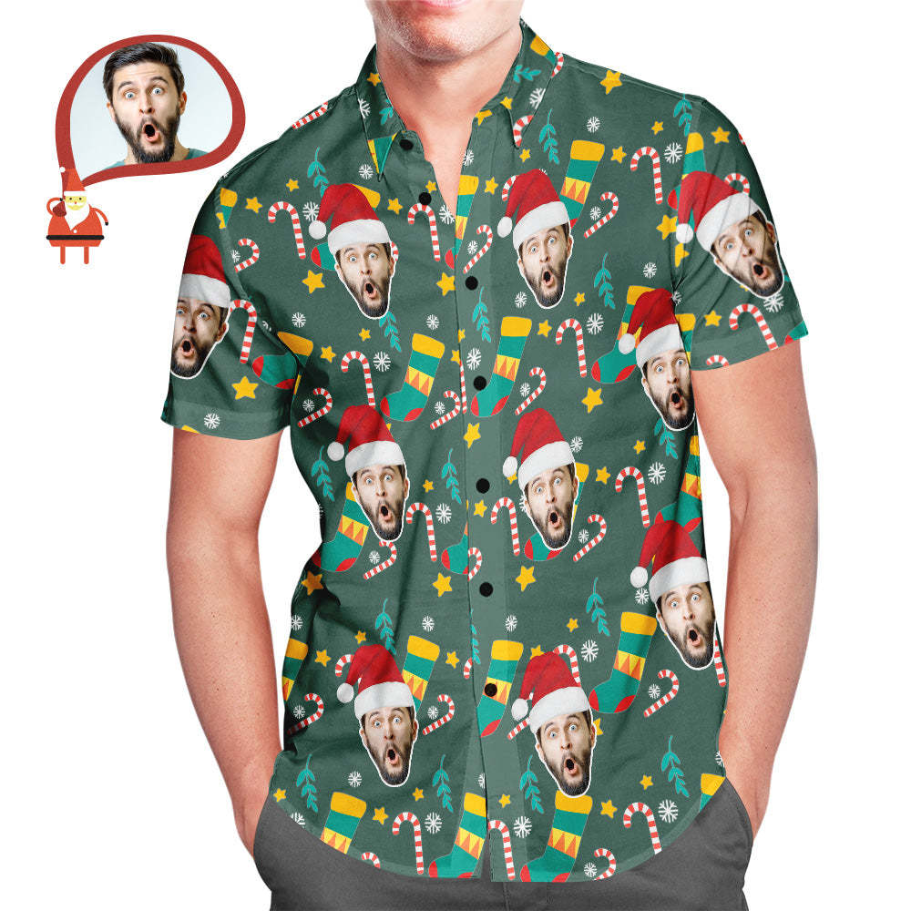 Men's Custom Face Wear Santa Hat Christmas Hawaiian Aloha Shirts Christmas Gift - auphotoblanket
