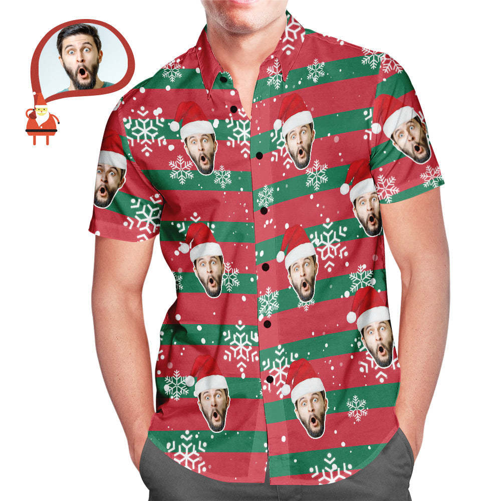 Custom Face Santa Red and Green Christmas Hawaiian Aloha Shirts Gift for Him - auphotoblanket