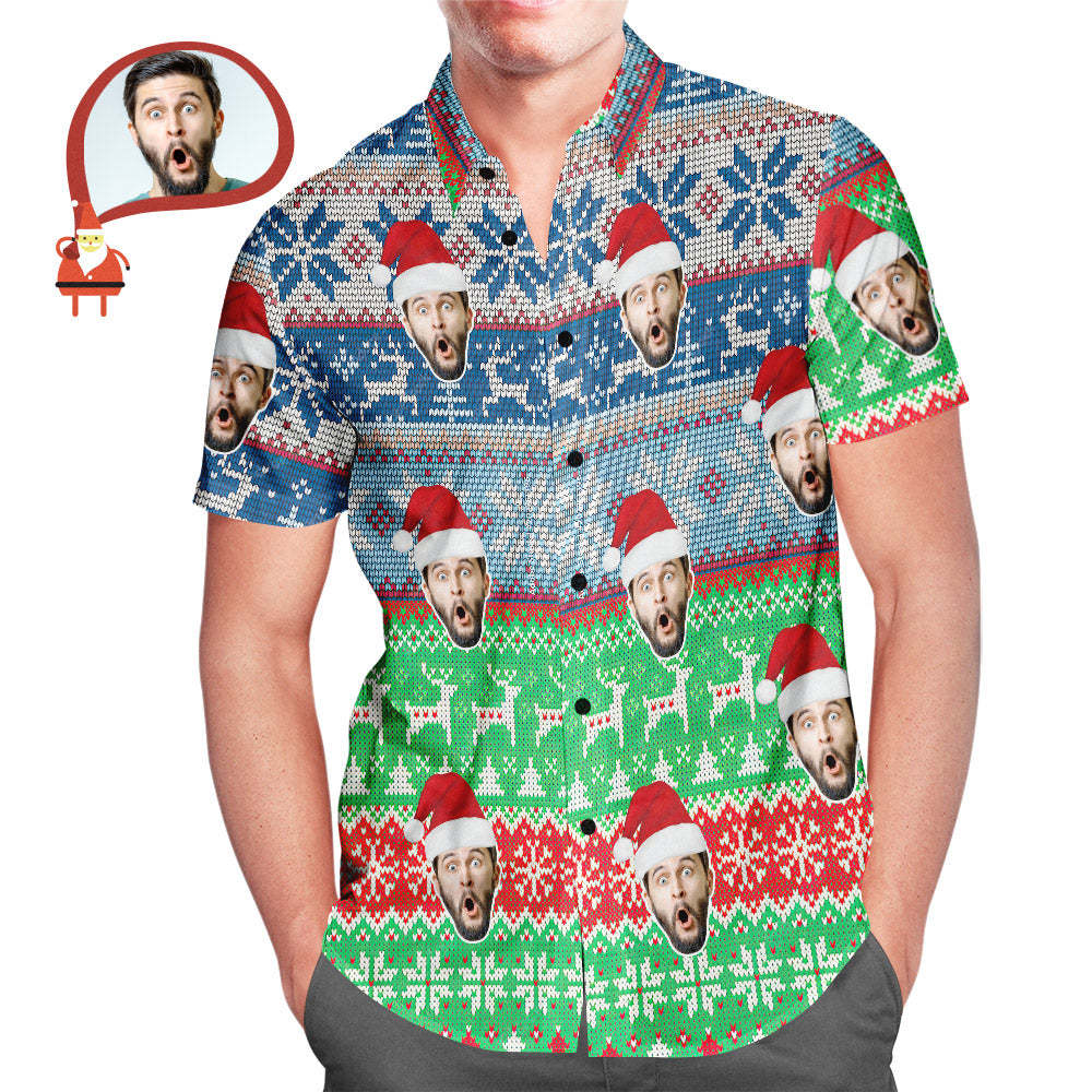 Custom Face Classic Christmas Pattern Hawaiian Shirt Gift for Him - auphotoblanket