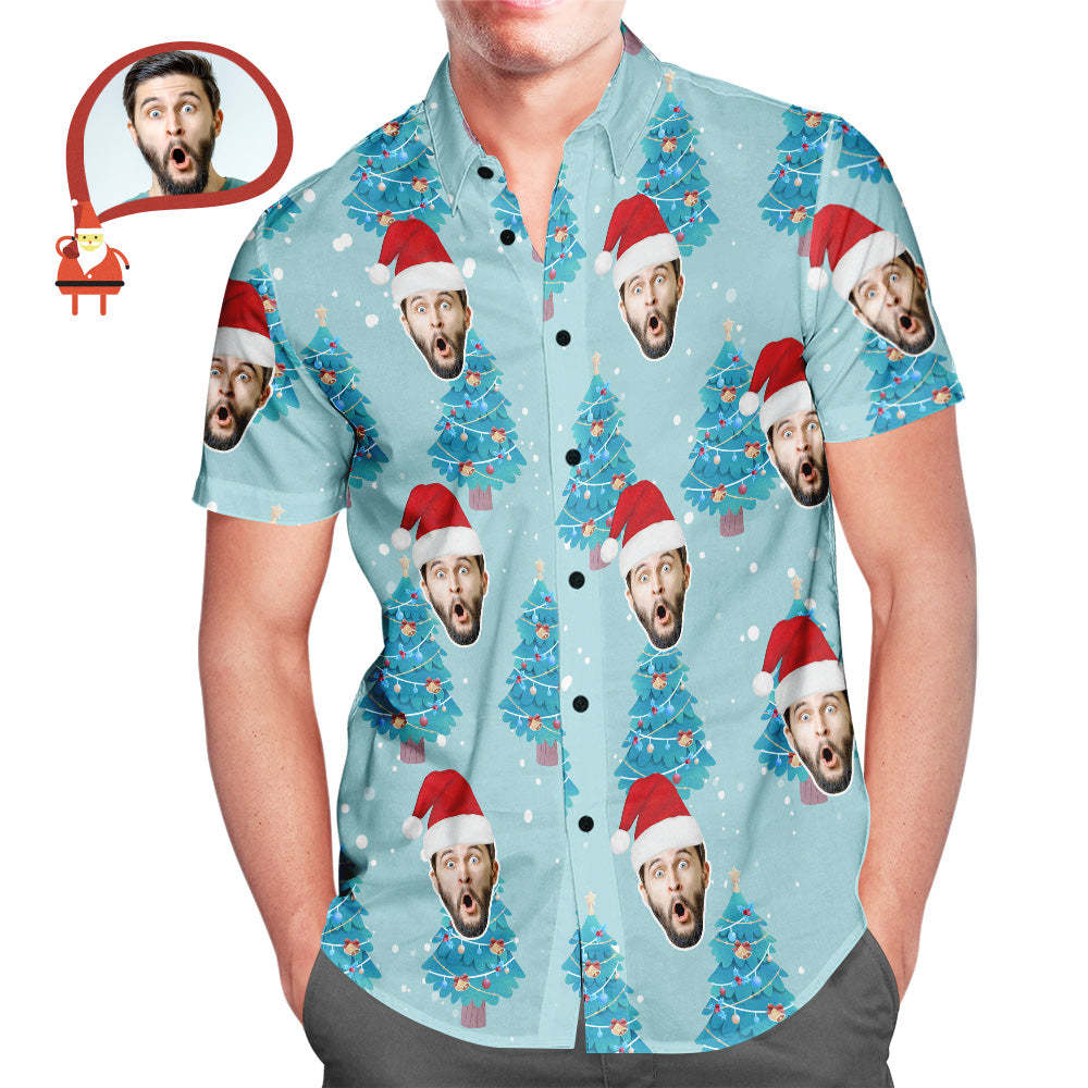 Custom Face All Over Print Blue Hawaiian Shirt Christmas Tree Style Gift for Him - auphotoblanket