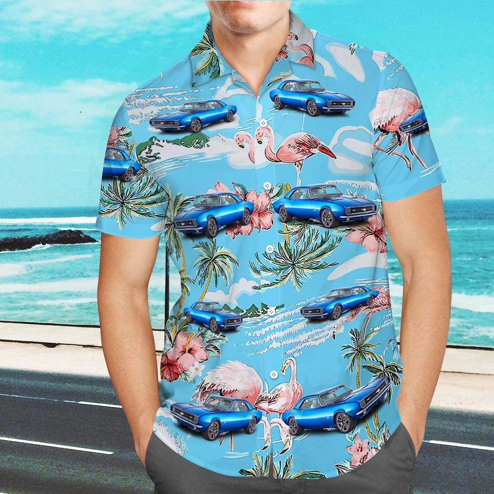 Upload Car Photo Custom Photo Hawaiian Shirt Men's All Over Print Aloha Shirt Gift - Pink Flamingos and Flowers - auphotoblanket
