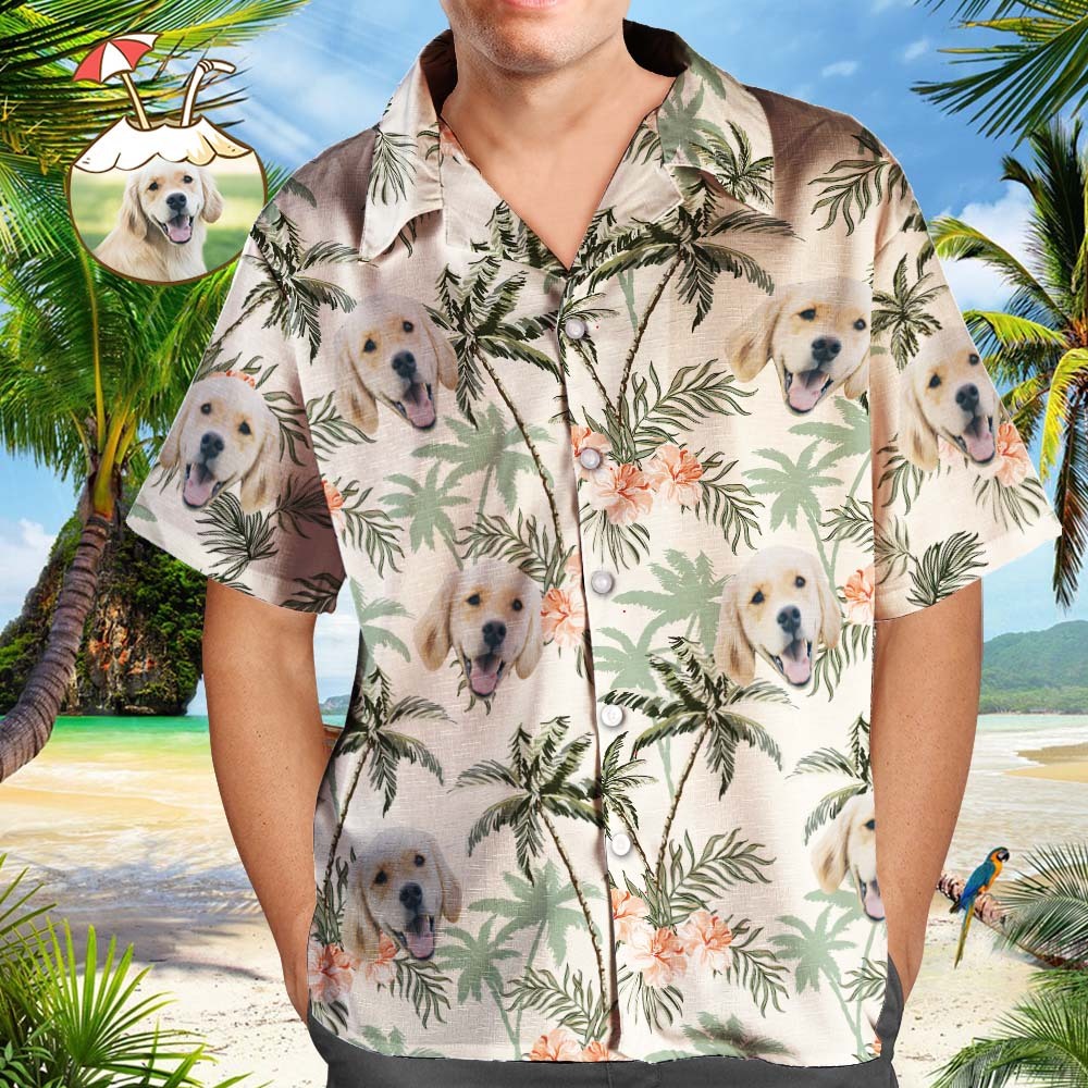 Custom Hawaiian Shirt with Face Custom Dog Face Shirt Leaves & Coconut Tree Hawaiian Shirts Gifts for Pet Lover - auphotoblanket