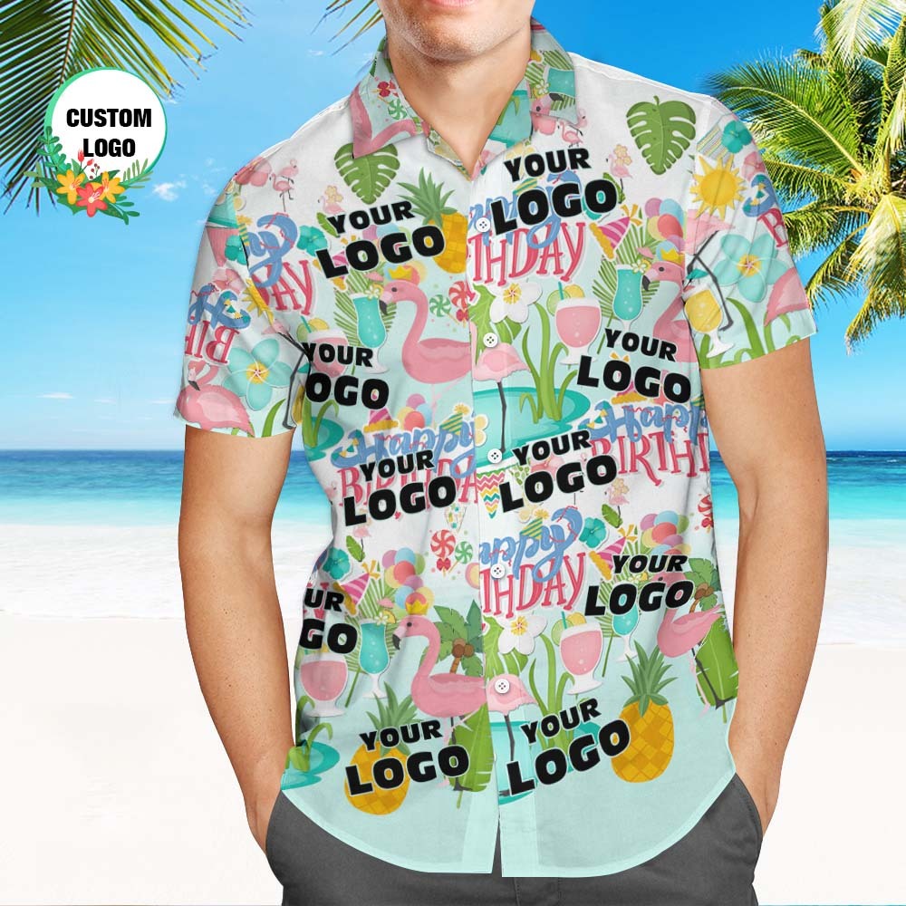 Custom Happy Birthday Logo Hawaiian Shirt Flamingo Party Personalized Logo Shirt - auphotoblanket