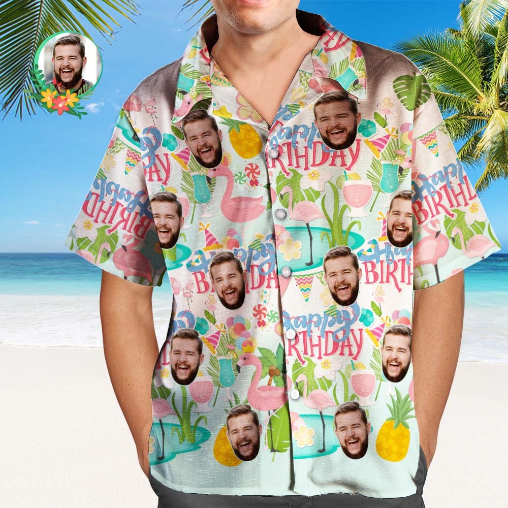 Custom Face Hawaiian Shirt Men's All Over Print Large Leaves Short Sleeve Shirt - auphotoblanket