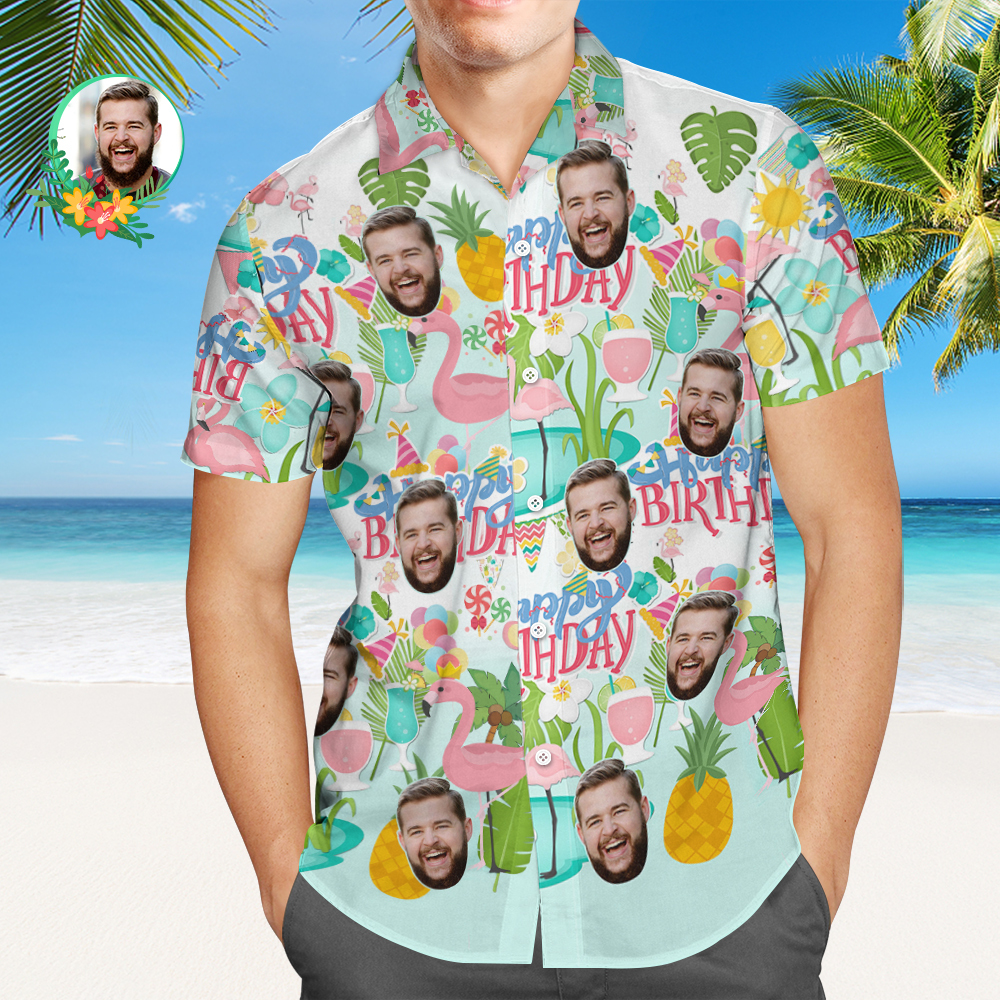 Custom Happy Birthday Logo Hawaiian Shirt Flamingo Party Personalized Logo Shirt - auphotoblanket