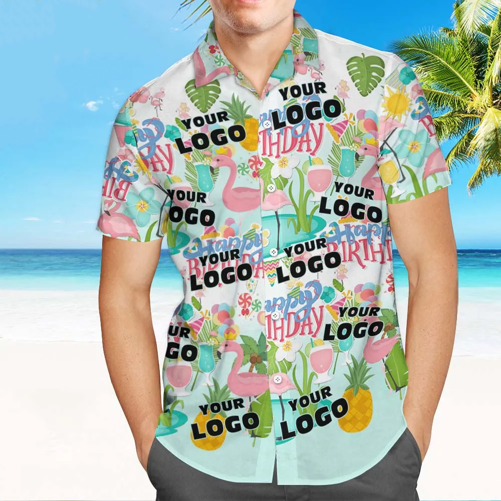 Custom Happy Birthday Logo Hawaiian Shirt Flamingo Party Personalized Logo Shirt - auphotoblanket