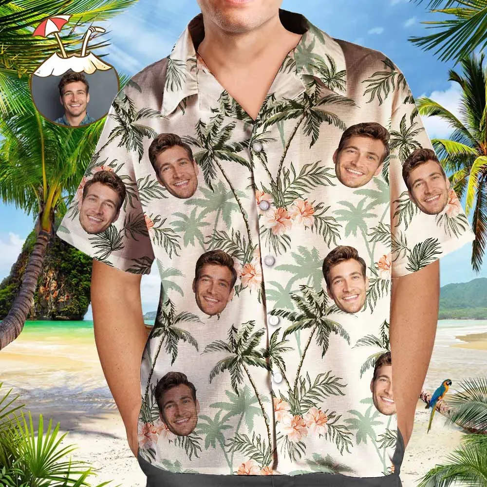 Custom Vintage Hawaiian Shirts Face Beach Shirt Photo & Print Button-Down Shirt With Leaves & Coconut Tree - auphotoblanket