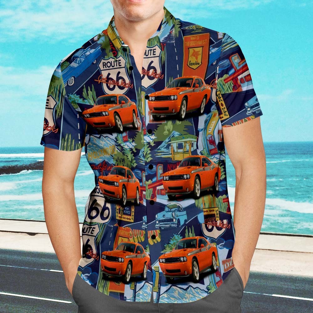 Upload Car Photo Custom Photo Hawaiian Shirt Route 66 Landmarks Aloha Beach Shirt Gift for Him - auphotoblanket