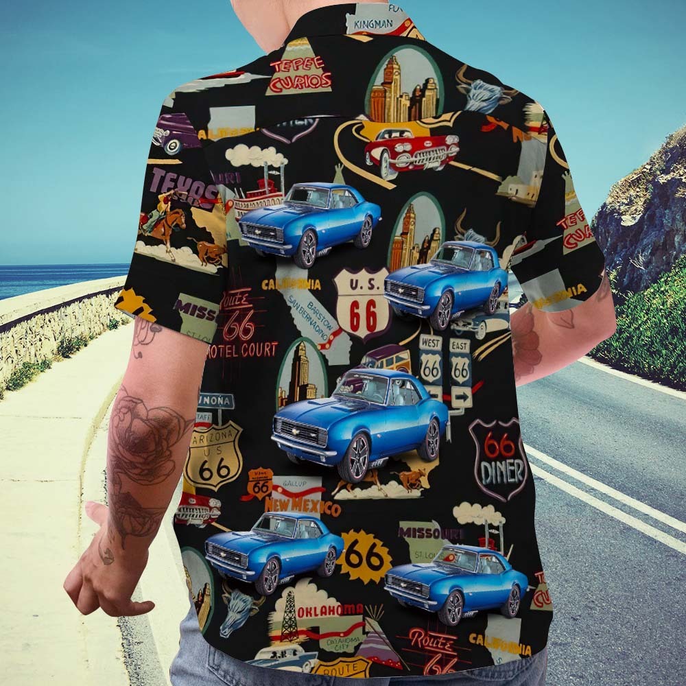 Upload Car Photo Custom Photo Hawaiian Shirt Route 66 Icons Aloha Beach Shirt Gift for Him - auphotoblanket