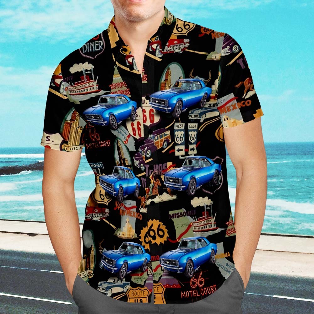 Upload Car Photo Custom Photo Hawaiian Shirt Route 66 Icons Aloha Beach Shirt Gift for Him - auphotoblanket