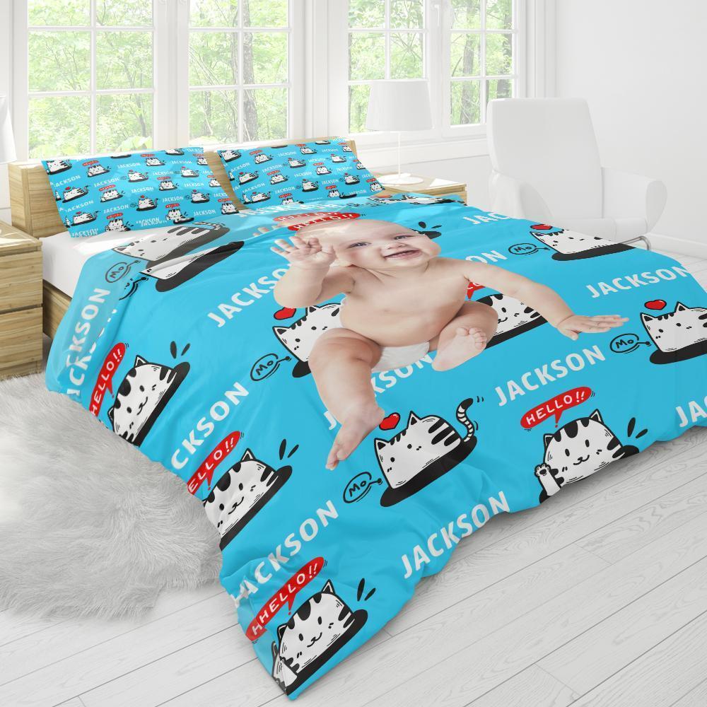 Polyester Fibre Custom Bedding Duvet Cover And Pillowcase Personalised Photo Text Duvet Cover And Pillowcase-The Cute Cat Duvet Cover And Pillowcase