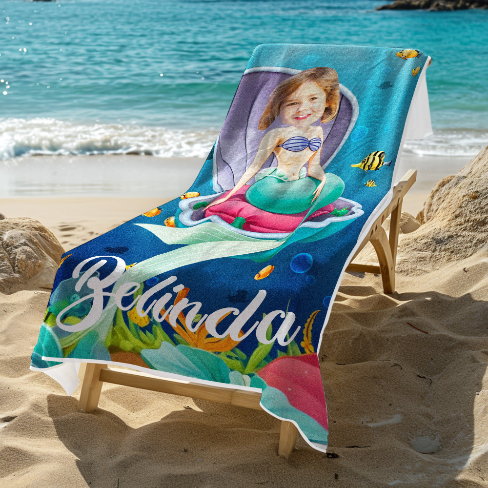 Custom Photo Beach Towel, Mermaid Princess Swimming Towel, Quick Dry Bath Towel