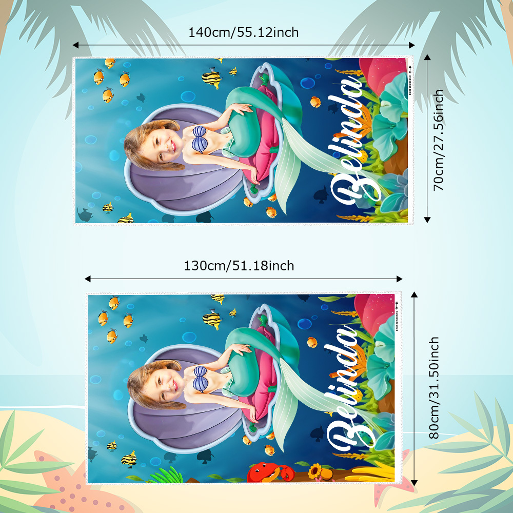 Custom Photo Beach Towel, Mermaid Princess Swimming Towel, Quick Dry Bath Towel