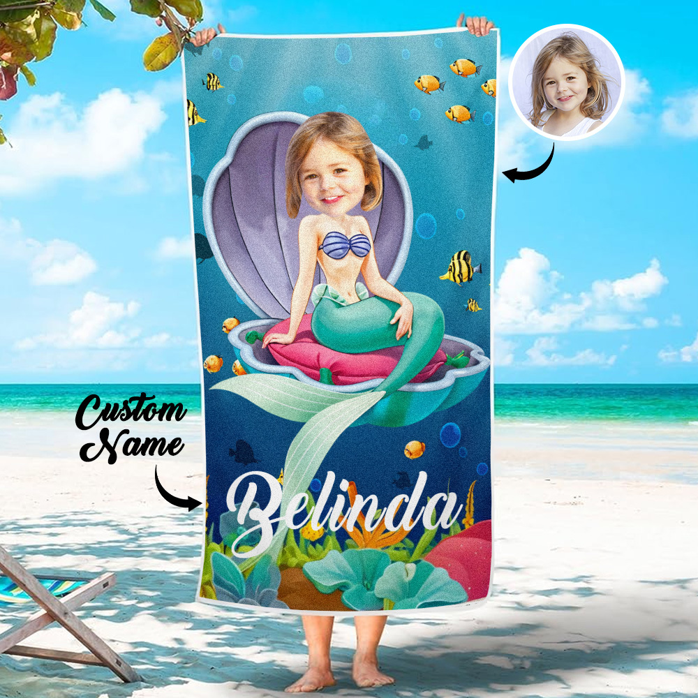 Custom Photo Beach Towel, Mermaid Princess Swimming Towel, Quick Dry Bath Towel