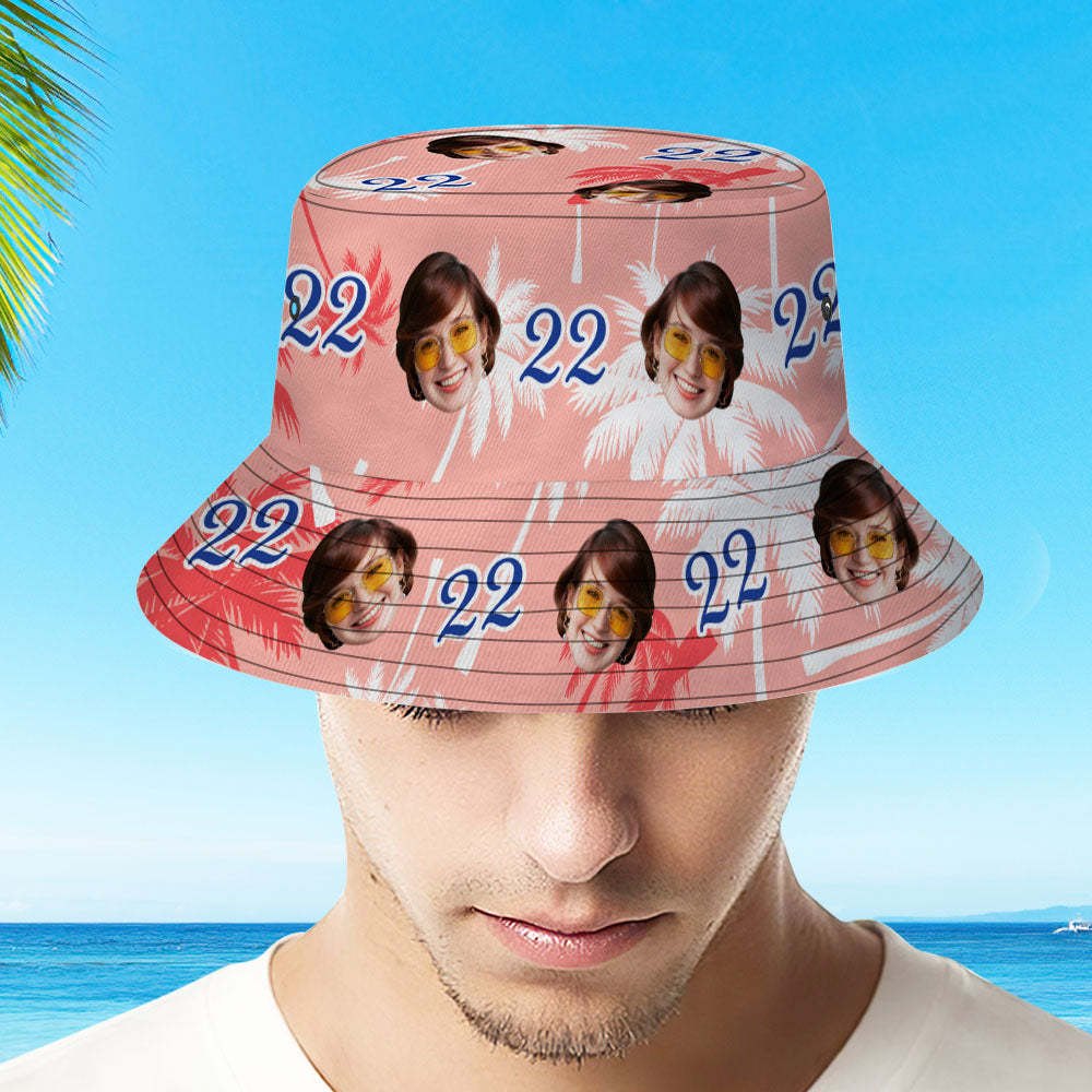 Custom Face And Number Birthday Bucket Hat Red And White Coconut Tree Hat - auphotoblanket