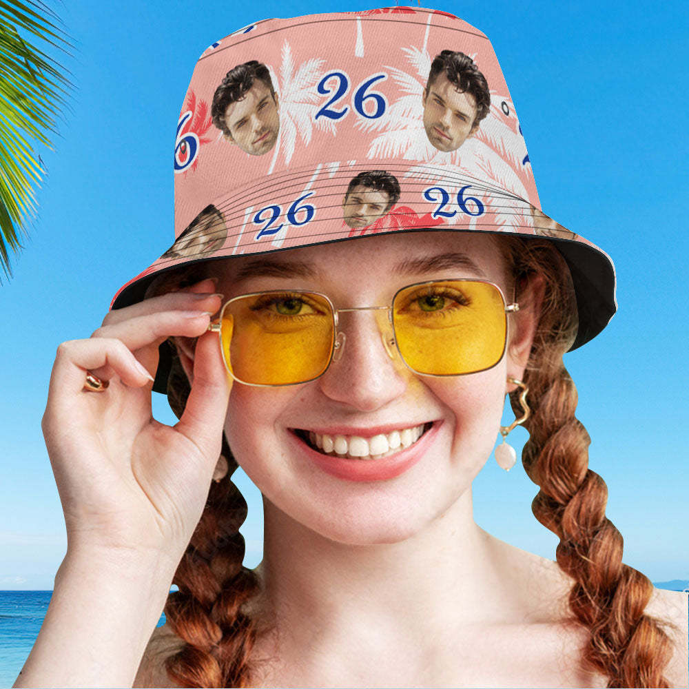 Custom Face And Number Birthday Bucket Hat Red And White Coconut Tree Hat - auphotoblanket
