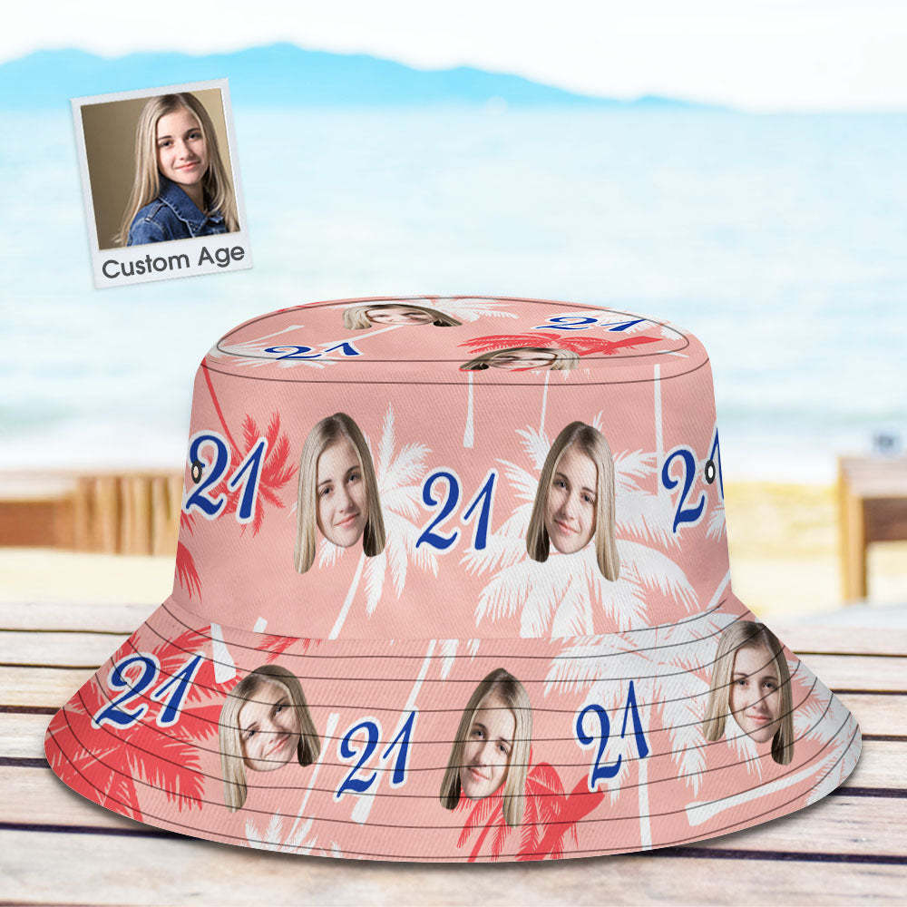 Custom Face And Number Birthday Bucket Hat Red And White Coconut Tree Hat - auphotoblanket