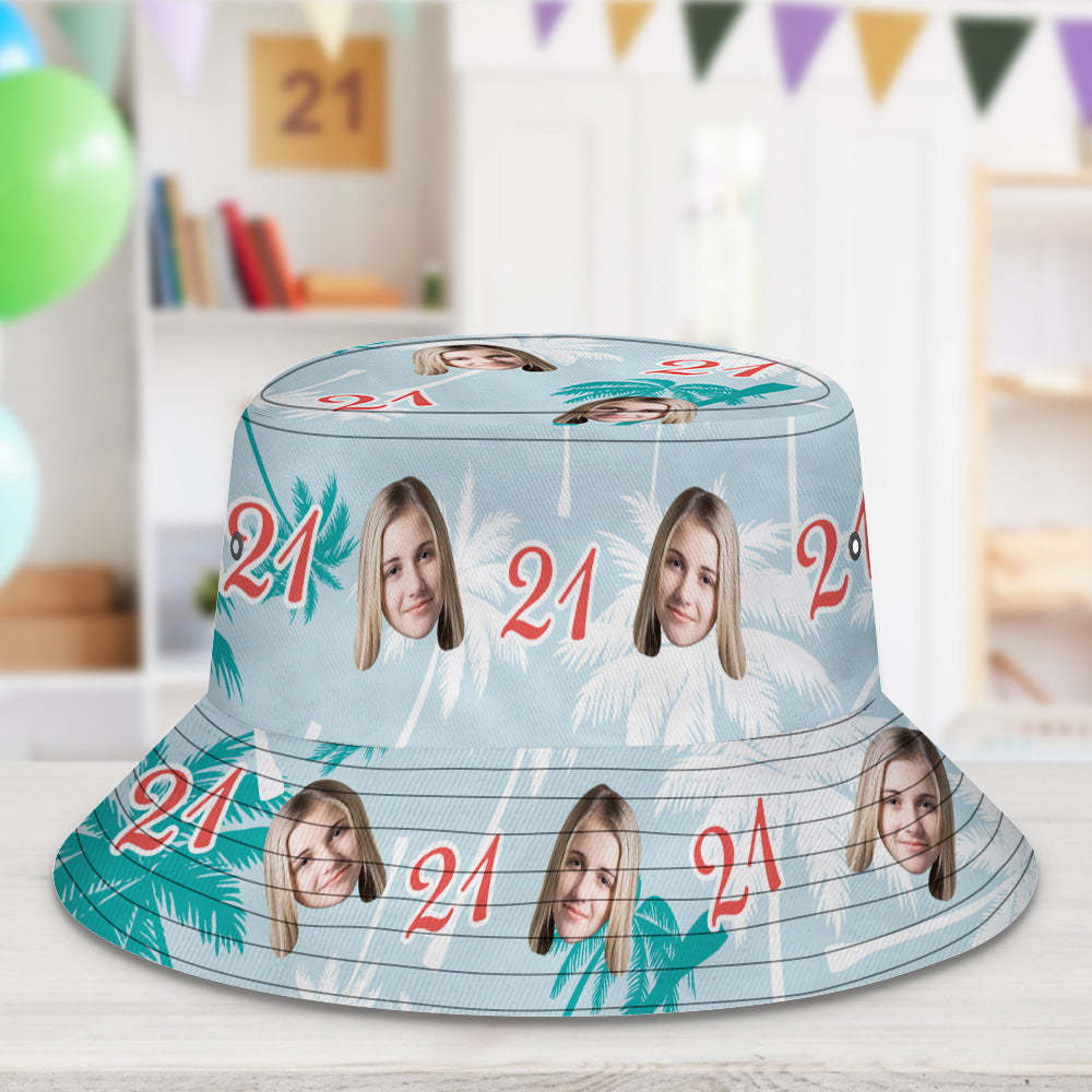 Custom Face And Number Birthday Bucket Hat Red And White Coconut Tree Hat - auphotoblanket