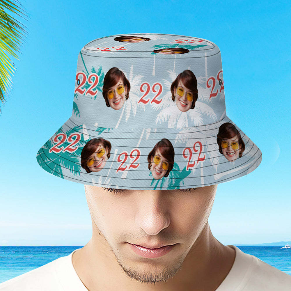 Custom Face And Number Birthday Bucket Hat Red And White Coconut Tree Hat - auphotoblanket