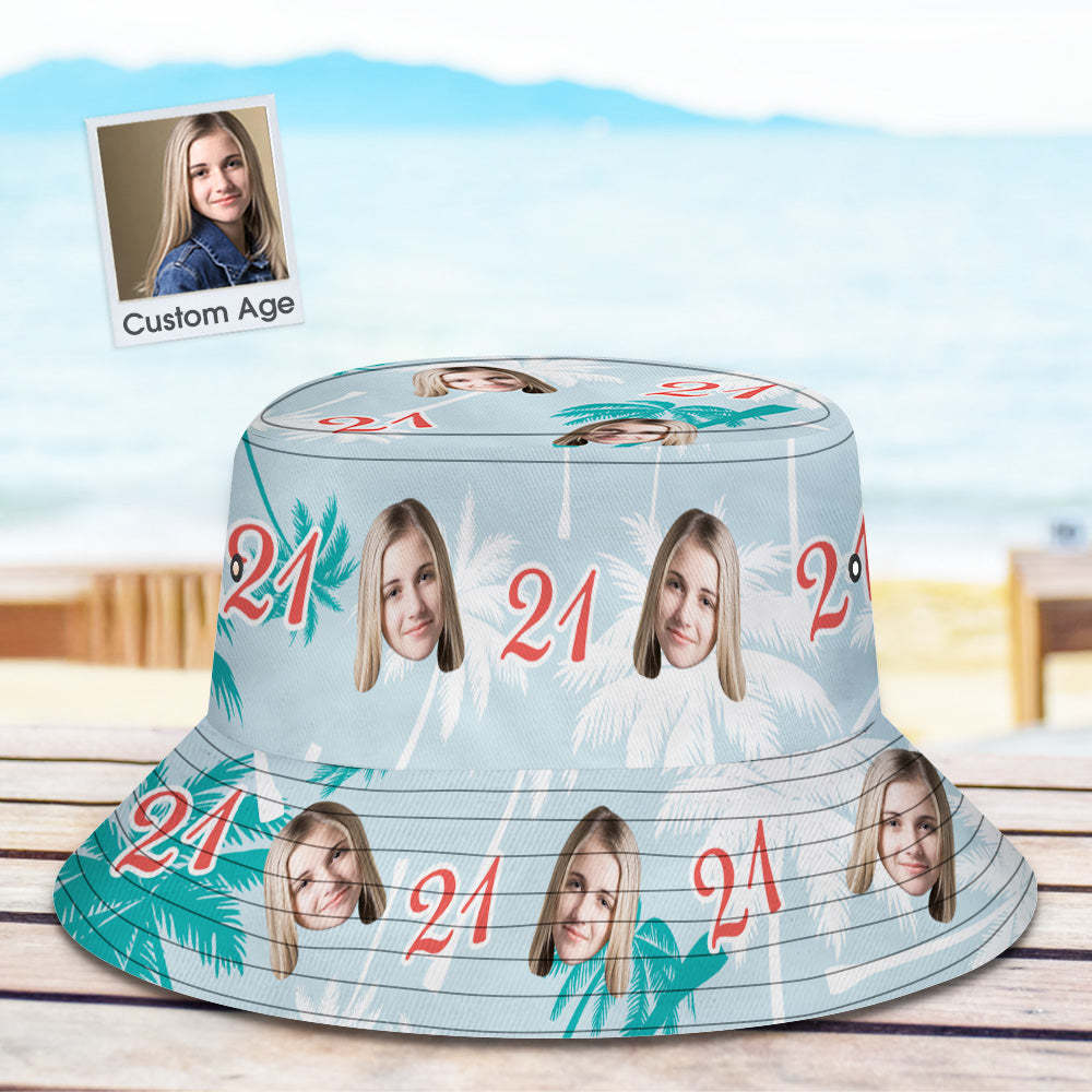 Custom Face And Number Birthday Bucket Hat Red And White Coconut Tree Hat - auphotoblanket