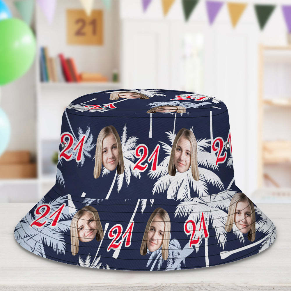 Custom Face And Number Birthday Bucket Hat Red And White Coconut Tree Hat - auphotoblanket