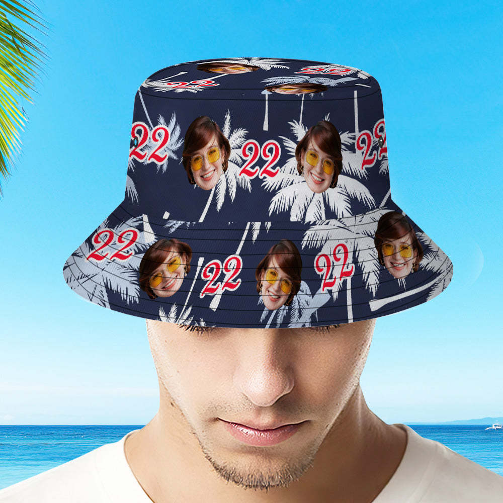 Custom Face And Number Birthday Bucket Hat Red And White Coconut Tree Hat - auphotoblanket