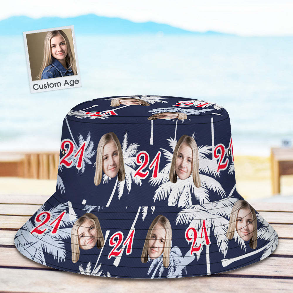Custom Face And Number Birthday Bucket Hat Red And White Coconut Tree Hat - auphotoblanket