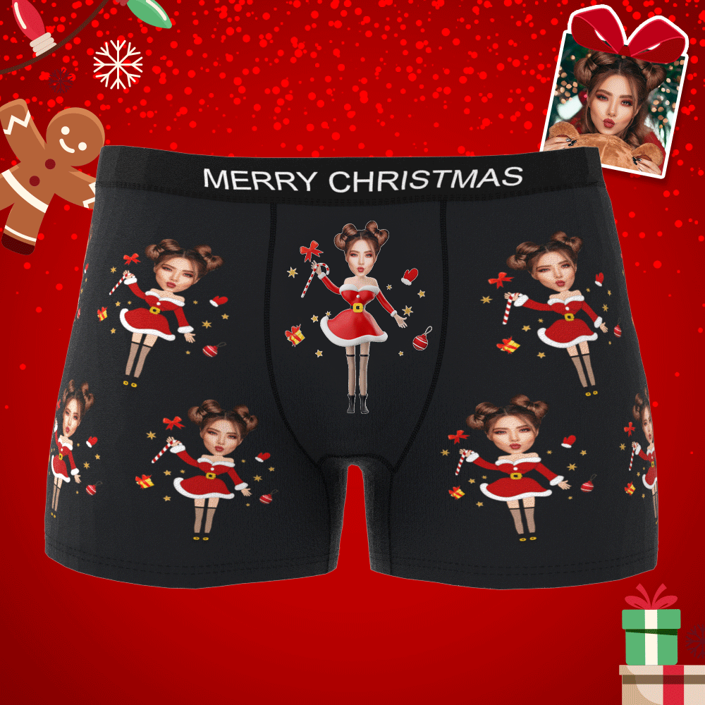 Custom Photo Boxer Santa Claus Face Underwear Couple Gifts Christmas Gift AR View - auphotoblanket