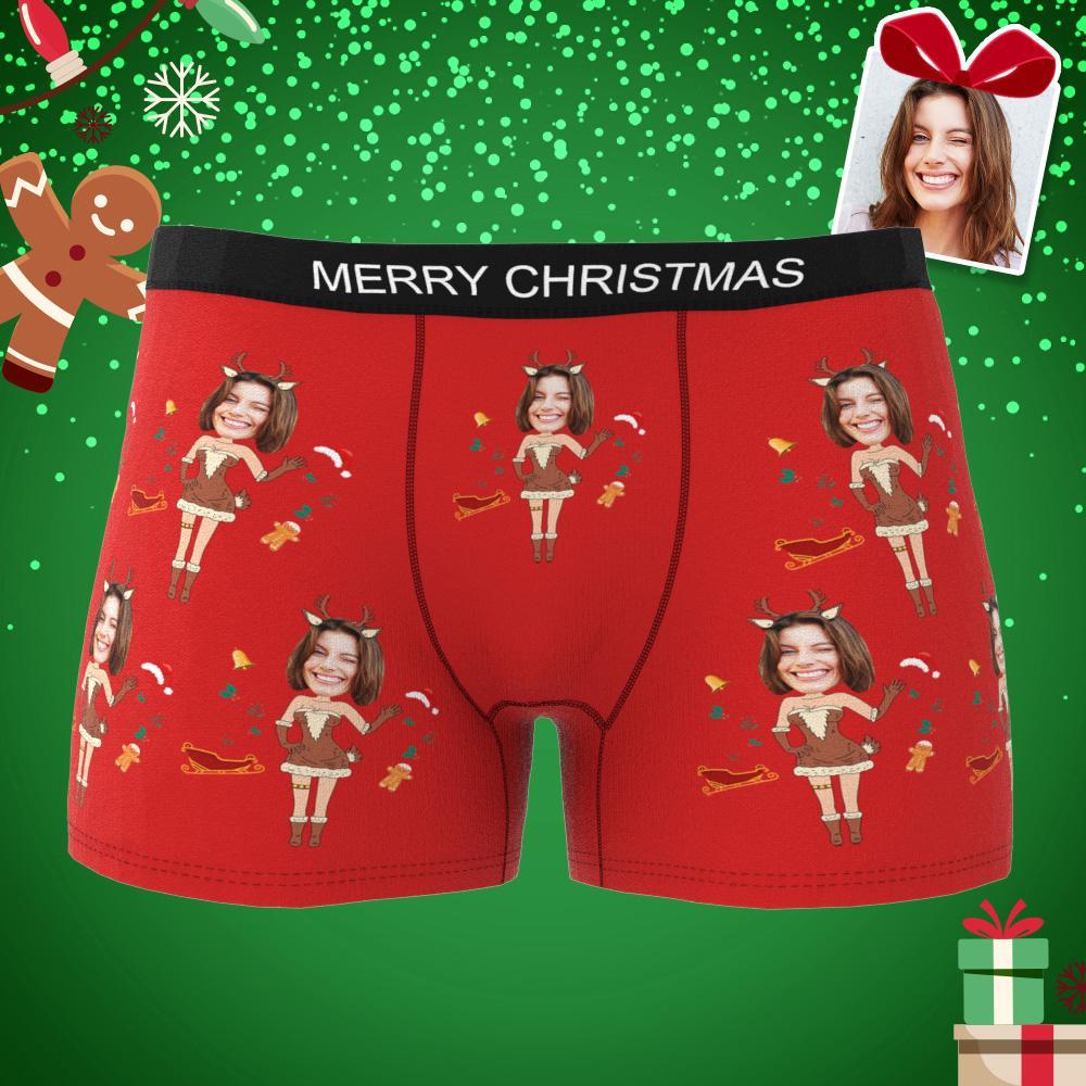 Custom Photo Boxer Christmas Elk Face Underwear Men's Underwear Couple Gifts Christmas Gift AR View - auphotoblanket