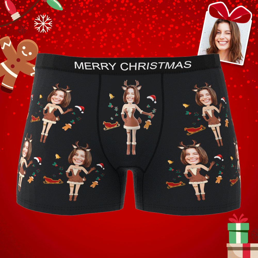 Custom Photo Boxer Christmas Elk Face Underwear Men's Underwear Couple Gifts Christmas Gift AR View - auphotoblanket