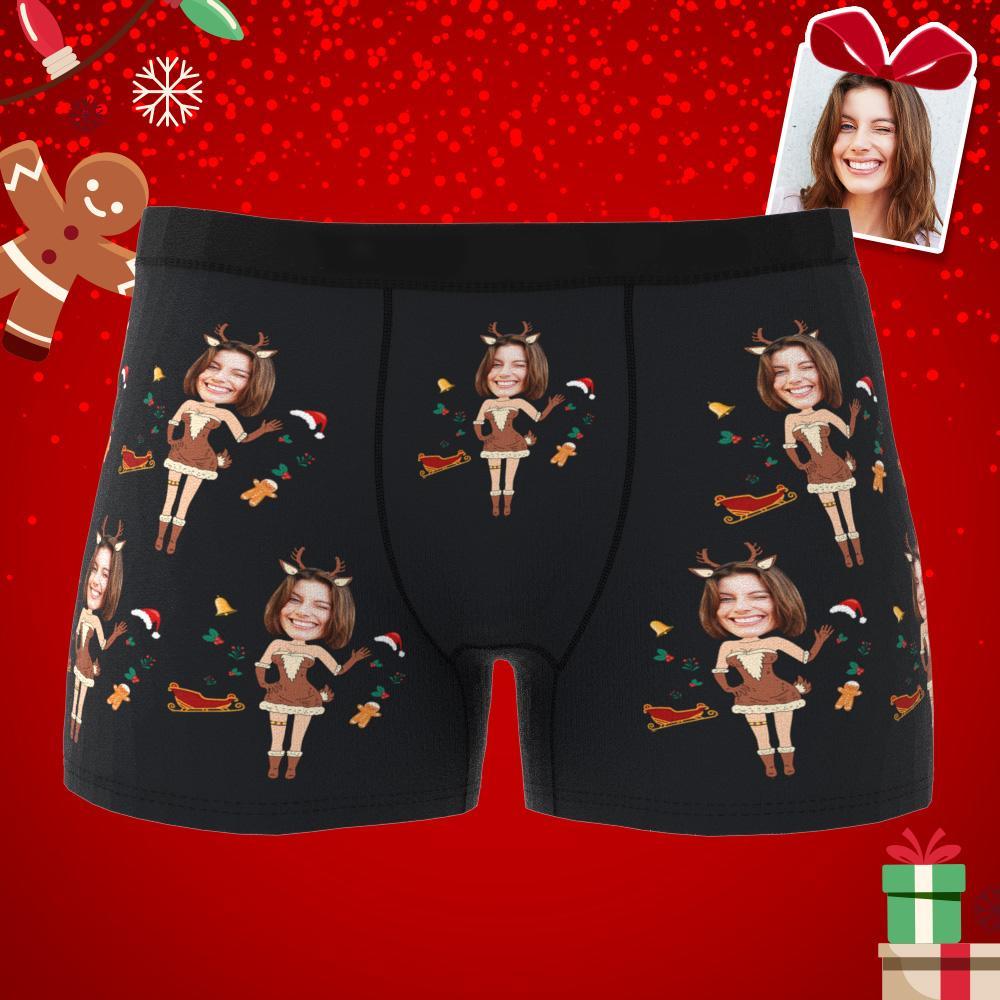Custom Photo Boxer Christmas Elk Face Underwear Men's Underwear Couple Gifts Christmas Gift AR View - auphotoblanket