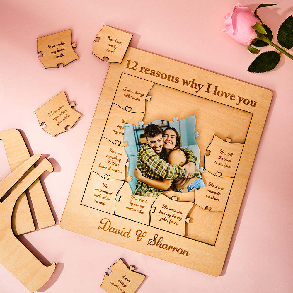 12 Reasons Why I Love You Custom Photo Name Acrylic Wooden Puzzle - auphotoblanket