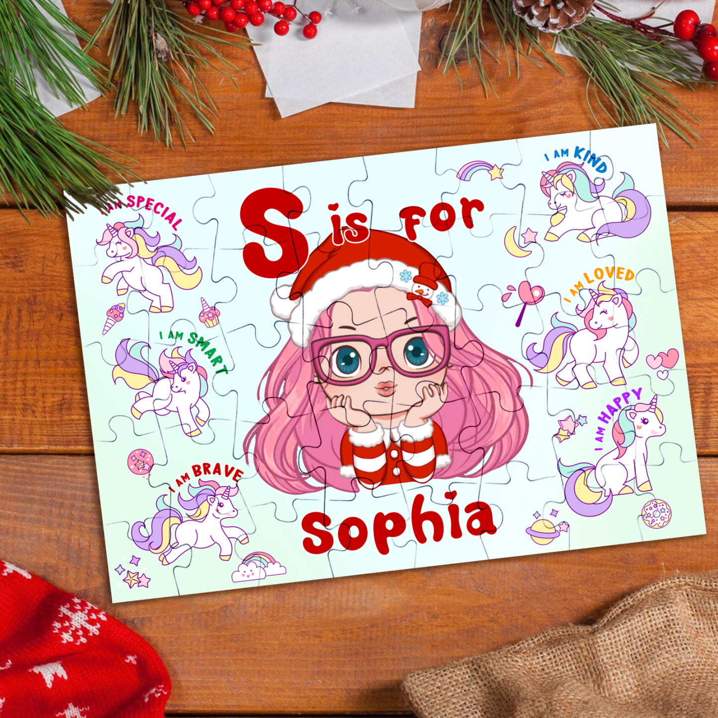 Personalized Christmas Jigsaw Puzzle for Kids - Custom Puzzle Gift with Name - auphotoblanket