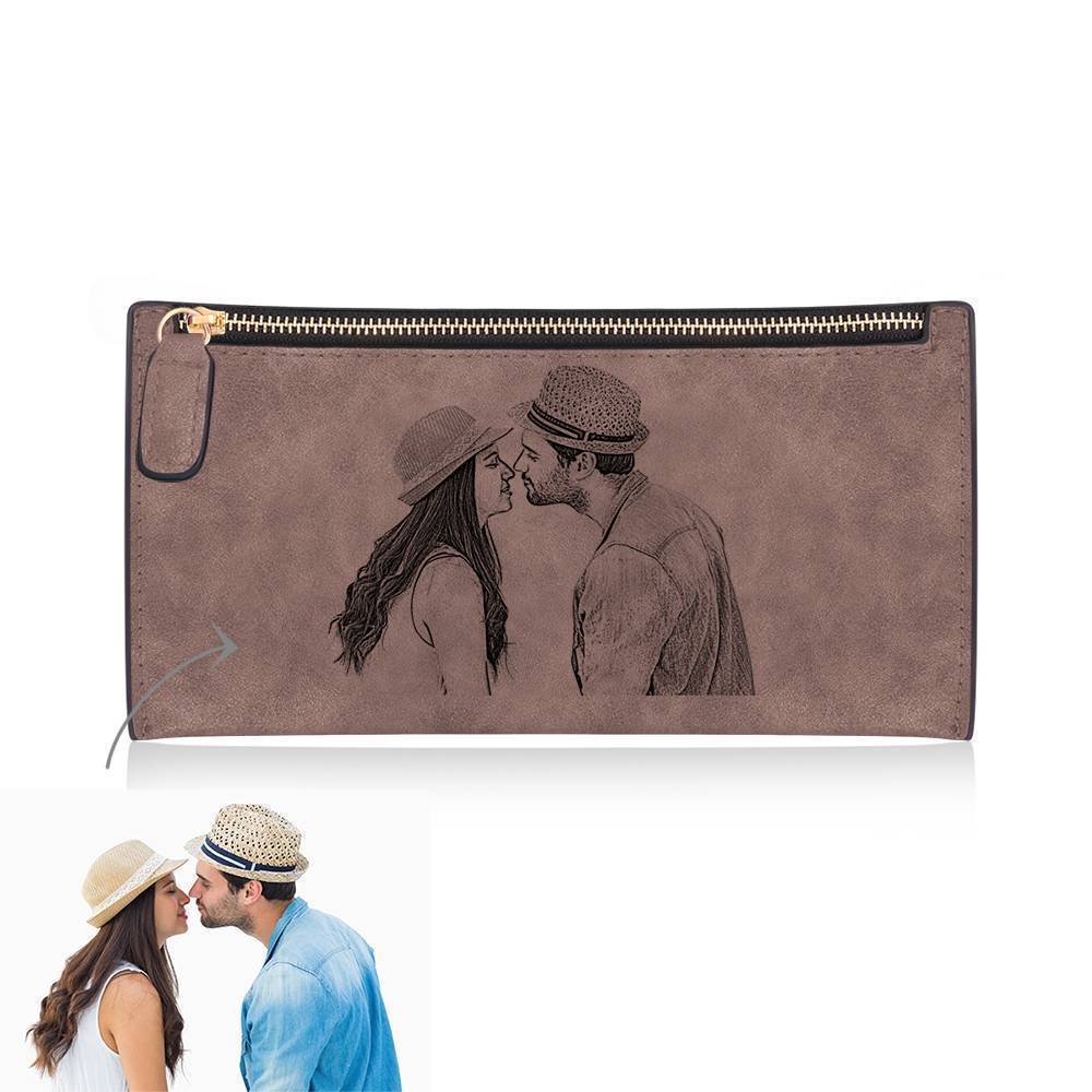 Women's Custom Inscription Photo Engraved Zipper Wallet - Brown Leather