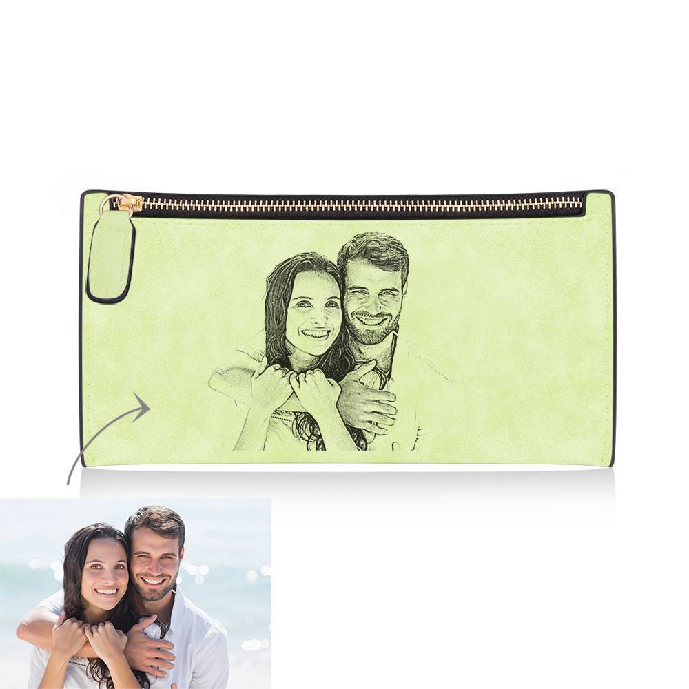 Women's Custom Inscription Photo Engraved Zipper Wallet - Light Green Leather