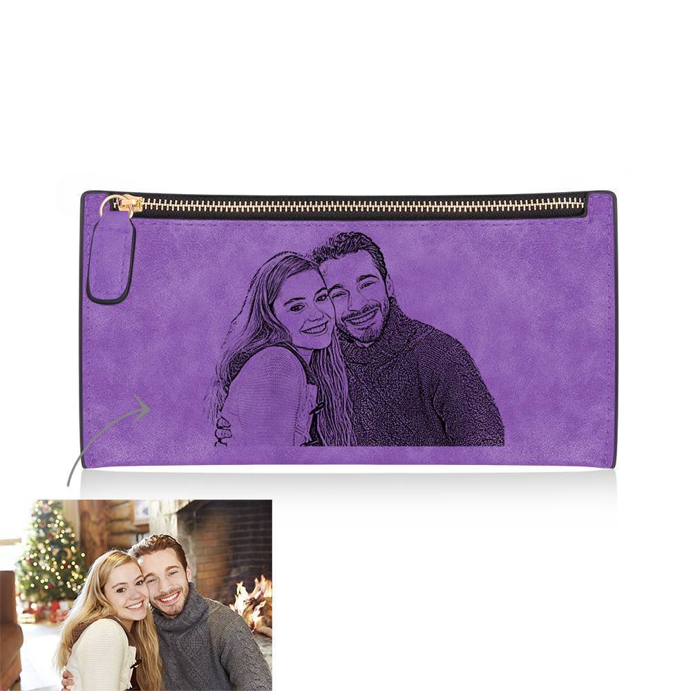 Women's Custom Inscription Photo Engraved Zipper Wallet - Purple Leather