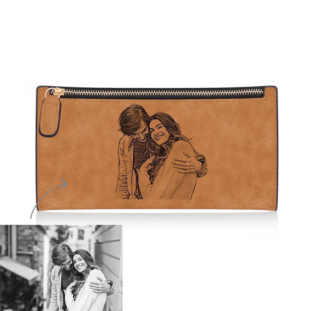 Women's Custom Inscription Photo Engraved Zipper Wallet - Brown Leather