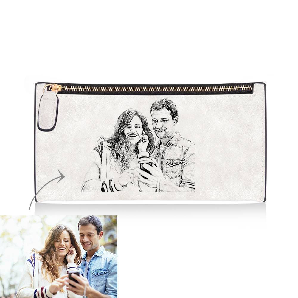 Women's Custom Inscription Photo Engraved Zipper Wallet - White Leather