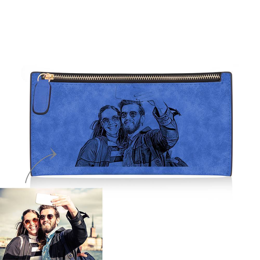 Women's Custom Inscription Photo Engraved Zipper Wallet - Blue Leather