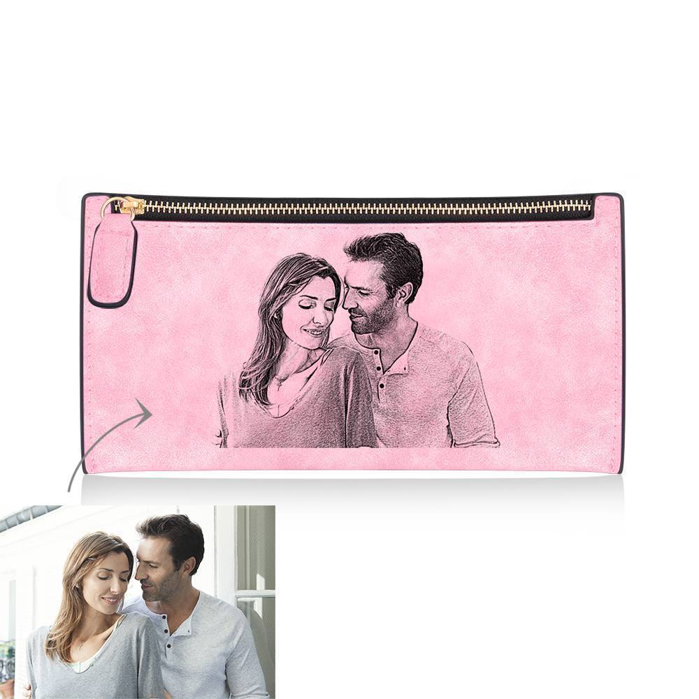 Women's Custom Inscription Photo Engraved Zipper Wallet - Pink Leather