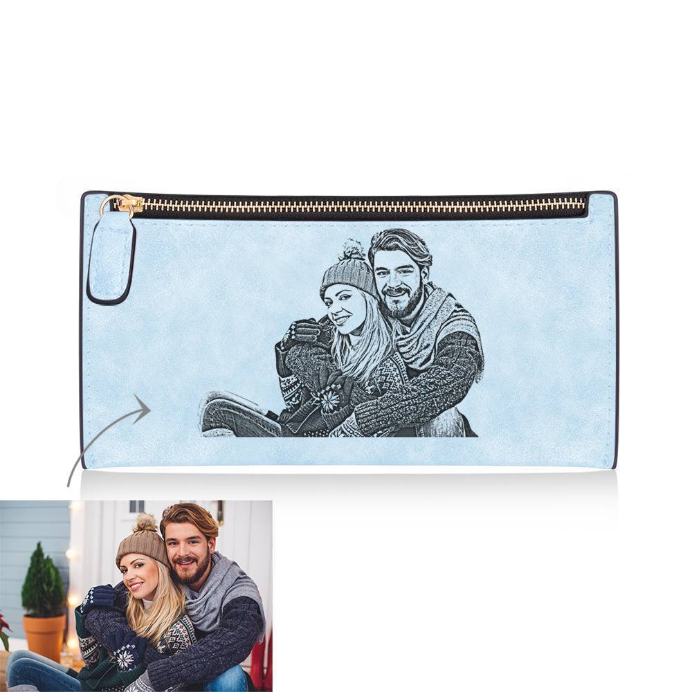 Women's Custom Inscription Photo Engraved Zipper Wallet - Light Blue Leather